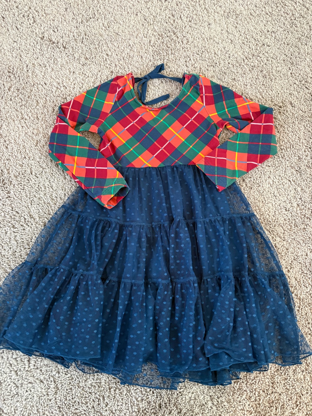 Wildflowers Red Green Navy Plaid Dress with Polka Dot Tulle